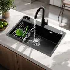 Kit Cuba de Cozinha Gourmet Inox com Torneira e Escorredor Embutir ou Sobrepor Prata/Preto 60x40 cm