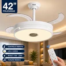 Ventilador de Teto Retrátil LED com Controle Remoto E Música 6 Velocidades Dimerizável Bivolt Branco