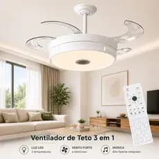Ventilador de Teto LED Retrátil 42 Pol Branco Bivolt Controle Remoto 3 Cores Função Música
