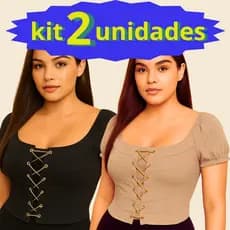 Kit 2 Peças Blusa feminina cropped manga curta com bojo e correntinha