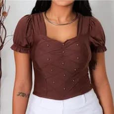 blusa cropped femenina manga curta com bojo e perolas