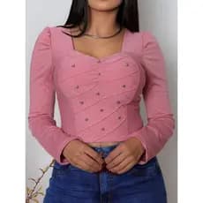 Blusa feminina cropped  manga longa com bojo e perolas