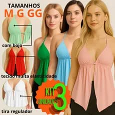 Kit 3 Tops Malibu Feminino com Bojo Cropped Ajustável Alça Amarração nas Costas Moda Gringa Verão