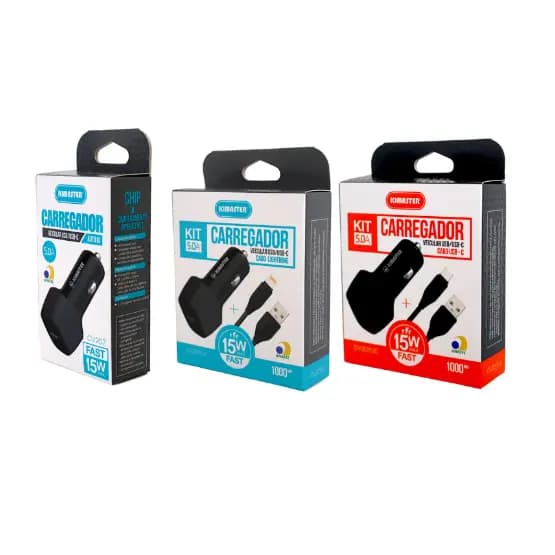 Carregador Veicular Kimaster 15W Rápido USB/USB-C + Cabo Tipo C ou Lightning 5A Original Anatel