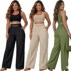 Kit 3 Peças de Calça Pantalona de Linho com Cinto Fake e Bolsos do P ao GG no Promoçao