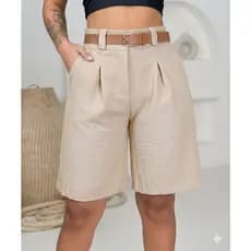 Kid  2 Peças do Bermuda Feminina Linho com Cinto – Modelo Alfaiataria com Bolsos Laterais e Cintura Alta