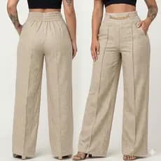 Kid 2 Calça Feminina de Linho Pantalona Social com Cintura Alta, Bolsos Laterais e Corrente Elegante