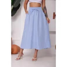 Saia Femenina longo  linho Com Bolsos e cintura com Elástico Moda Casual