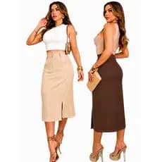 Kit 2 Saias Monocrática Premium Feminina Alfaiataria Tubinho Cintura Alta com Bolso Social Elegante Moda Evangélica Core