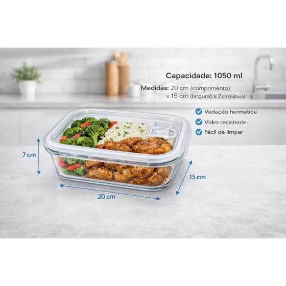 Conjunto 3/4/5/10 Potes Hermético 1050 ml Ret. Vidro  Marmita Fitness Receitas Freezer Forno