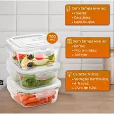 Conjunto 12 Potes Hermético de Vidro 700ml Flashgoods Quadrado Marmita Fitness
