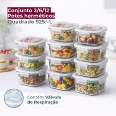 Conjunto 12 Potes Hermético de Vidro 525ml Flashgoods Quadrado Marmita Fitness