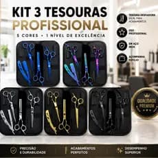 Kit 3 Tesouras Profissional Cabeleireiro Fio Navalha Desfiadeira Barbeiro Aço Inox Corte Preciso