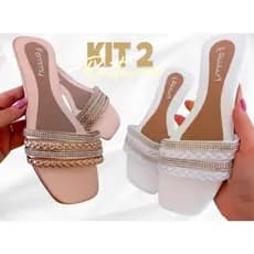 KIT 2 Sandália rasteira 4 Tiras Strass Trança confortável antiderrapante Rasteirinha Femmy 01