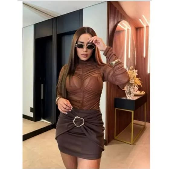 Body Feminino Tule Franzido Marrom Estilo Sofisticado e Moderno