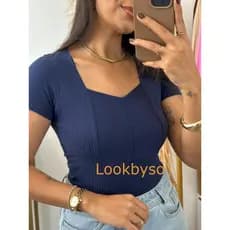 Blusa Feminina Casual Manga Curta Recortes e Decote Quadrado Look Trabalho Elegante Dia a Dia