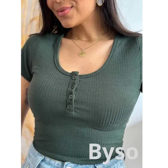 Blusa Canelada Feminina Básica Suéter Feminino Botões Frontais Manga Curta Tecido Algodão
