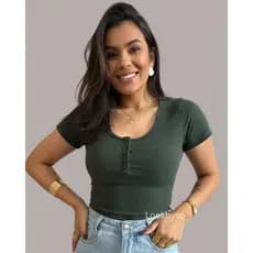 Blusa Básica Feminina Canelada De Algodão Manga Curta Botões Funcionais na Frente Blusinha Casual