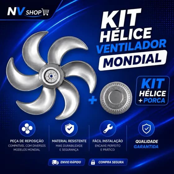 Kit Hélice Ventilador Mondial 40cm 6 Pás Cinza + Porca de Fixação Compatível