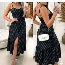 VESTIDO MIDI   FEMENINO NO CREPINHO ONCA E DE BOLINHA  SOLTINHO COM BOTAO