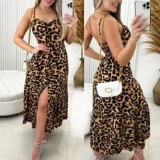 Vestido Midi longo feminino no  Crepinho Com Bojo e Botões na onça e bolinha casual soltinho
