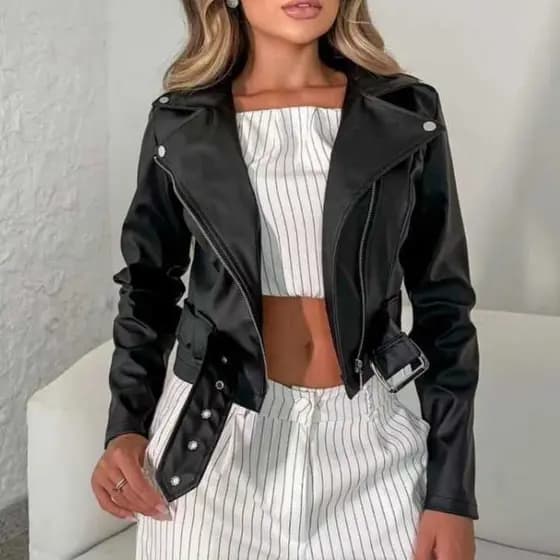 Jaqueta De Couro Feminina Com Ziper  Marrom  Inverno Elegante  Envio Imediato