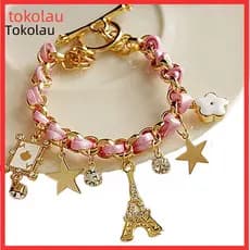 Moda Feminina Torre Eiffel Estrelas Flor Poker Pingentes Pulseira De Couro Falso Joias