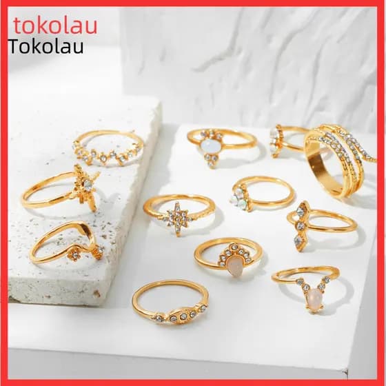 Knuckle Rings Set Women 16pcs Bohemian Style Women’s Geometric Finger Ring Shiny Faux Gem Rhinestone Trendy Jewelry Gi
