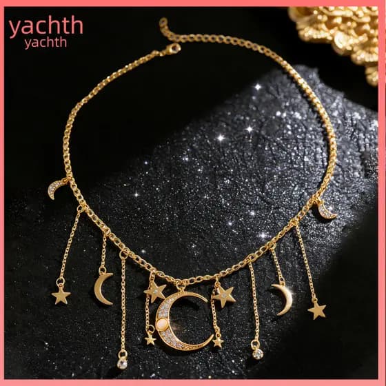 Tassel Chain Necklace Crescent Boho Star Moon for Women – Rhinestone Pentagram Charm Choker Trendy Fringe Jewelry for