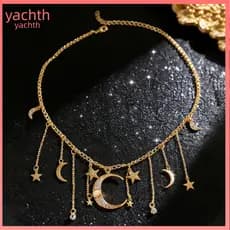 Tassel Chain Necklace Crescent Boho Star Moon for Women – Rhinestone Pentagram Charm Choker Trendy Fringe Jewelry for