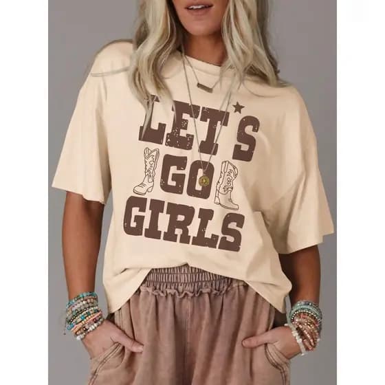 [Camiseta Premium em Algodão Puro]SISI Camiseta Feminina Camiseta Feminina Estampada Lets Go Girls