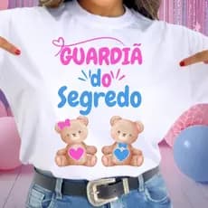 [Camiseta Premium em Algodão Puro]SISI Camisa Chá Revelação Guardiã Do Segredo Ursinha Rosa E Ursinho Azul Coração