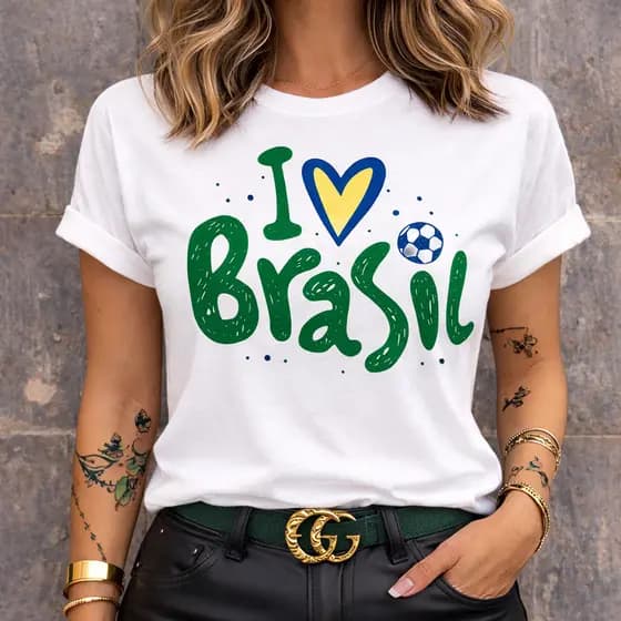 [Camiseta Premium em Algodão Puro]SISI Camiseta Feminina Brasil Copa do Mundo I Love Brasil Blusa Casual Torcedor Futebo