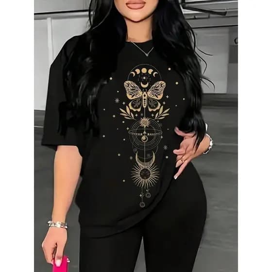 [Camiseta Premium em Algodão Puro]SISI Camiseta Feminina Com Estampa De Borboleta Grande Ombro Caído cropped verão