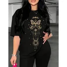 [Camiseta Premium em Algodão Puro]SISI Camiseta Feminina Com Estampa De Borboleta Grande Ombro Caído cropped verão