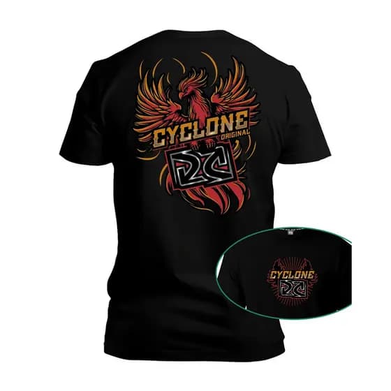 [Camiseta Premium em Algodão Puro]SISI Camiseta Preta Unissex com Estampa de Fênix e "Cyclone Original", Estilo Urbano