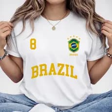 [Camiseta Premium em Algodão Puro]SISI Camiseta Brasil Feminina Estilo Retrô Número 8 Copa Verde Amarela Casual