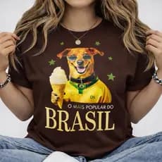 [Camiseta Premium em Algodão Puro]SISI Camiseta Feminina Brasil Cachorro com Sorvete Blusa Divertida Torcida Copa Casual