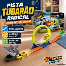 Pista Com Carrinho Brinquedo Infantil Para Menino Radical De Corrida Tubarão Looping Com Lançador