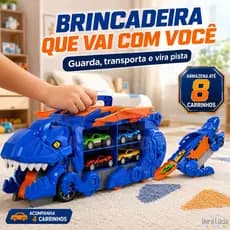 Carrinho Dinossauro 3 Em 1 Porta Carrinhos Maleta Garagem Pista Lançadora Com 4 Carros Infantil Azul