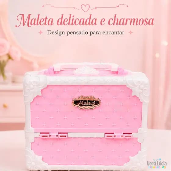 Kit De Maquiagem Infantil Maleta Rosa Menina Com Sombras Mini Esmaltes Unhas Decoradas Pincéis Batom