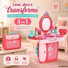 Penteadeira Infantil De Brinquedo 3 Em 1 Maleta Com Espelho E Acessórios Batons Rosa