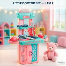 Kit Doutora Infantil 3 em 1 Maleta Mesa Consultório 18 Peças Brincadeira Educativa Menina Rosa
