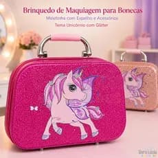Maleta Maquiagem Infantil Unicornio Glitter Rosa Com Espelho Pinceis Batons Sombras Para Meninas Kit