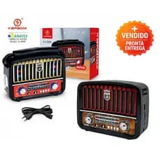 Rádio portátil retrô multibanda AM FM SW USB SD AUX Design Clássico Grave X-Bass potente