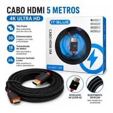 Cabo Hdmi 5m Metros Preto Premium 4k Blindado Gold Full 3d