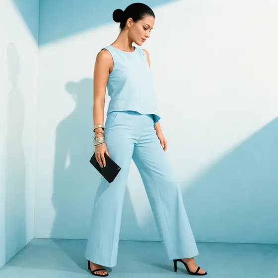 Conjunto Feminino Em Linho Calça Pantalona e Blusa Alfaiataria