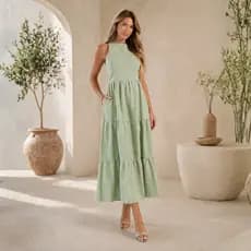 Vestido Longo Liso de Linho Sem Manga Zíper nas Costas