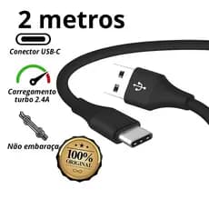 Cabo 2 Metros USB Tipo C Carregamento Turbo para Galaxy Moto G Xia e iPhone 15 16 17