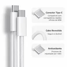 Cabo USB-C para iPhone 15 / 16 / 17 Carregamento Rápido Tipo-C Reforçado